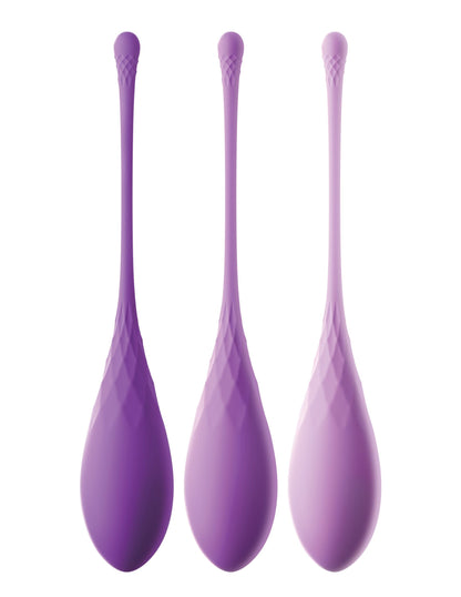 The Fantasy® For Her Pipedream® Kegel Train-Her Set features three purple silicone weights with long handles, displayed in a row on a white background; perfect for pelvic floor training exercises.