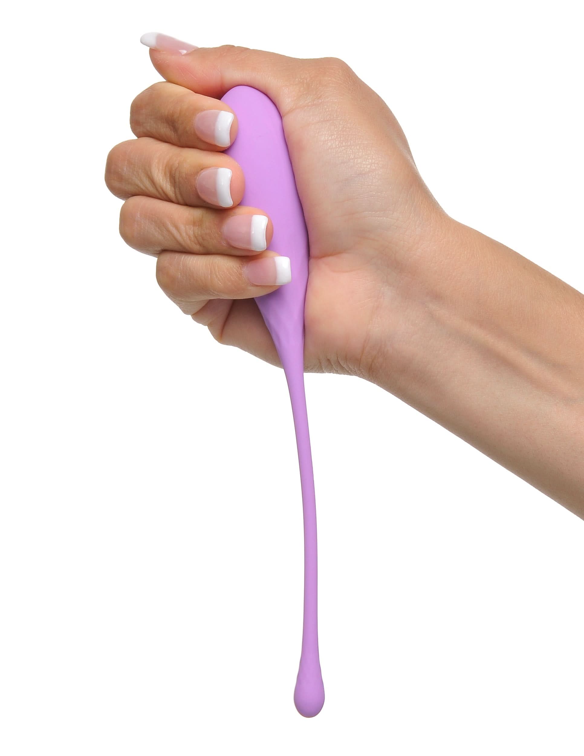 A hand holds the Pipedream® Kegel Train-Her Set by Fantasy® For Her—a long, stretchy, purple silicone device—against a white background.