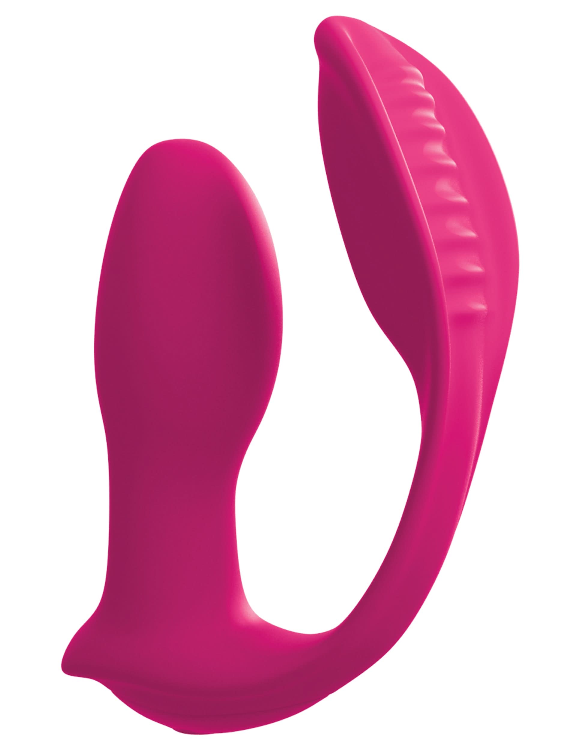 The 3Some Double Ecstasy is a pink silicone dual-ended vibrator with a smooth insertable end and a curved, textured external stimulator for enhanced pleasure.
