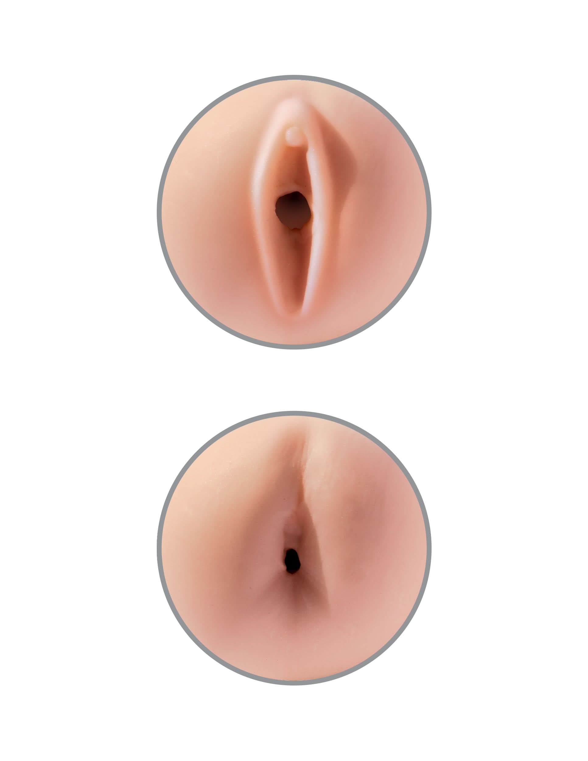 Close-up of the PDX® Extreme - Tight Grip Pussy & Ass Masturbator, showing two lifelike openings with a skin-like texture, made from Fanta Flesh for a realistic experience, on a white background.