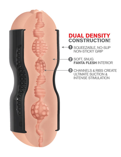 Cross-section of PDX® Extreme - Tight Grip Pussy & Ass Masturbator with labeled features, red and black text highlighting its Fanta Flesh material and Tight Grip Pussy design.
