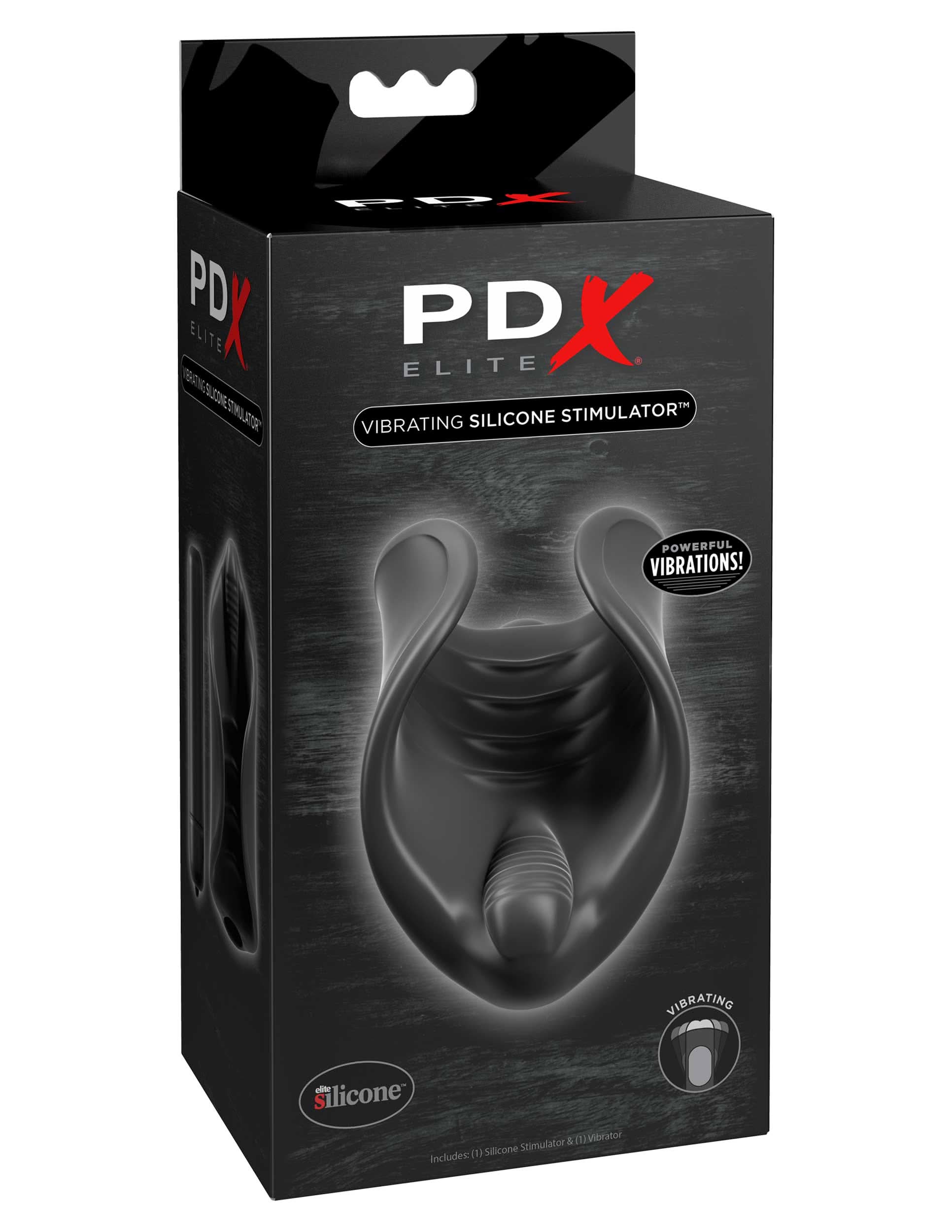 Black box packaging for the PDX® Elite - Vibrating Silicone Stimulator displays a product image and vibration icons, enhancing pleasure by targeting the frenulum spot.