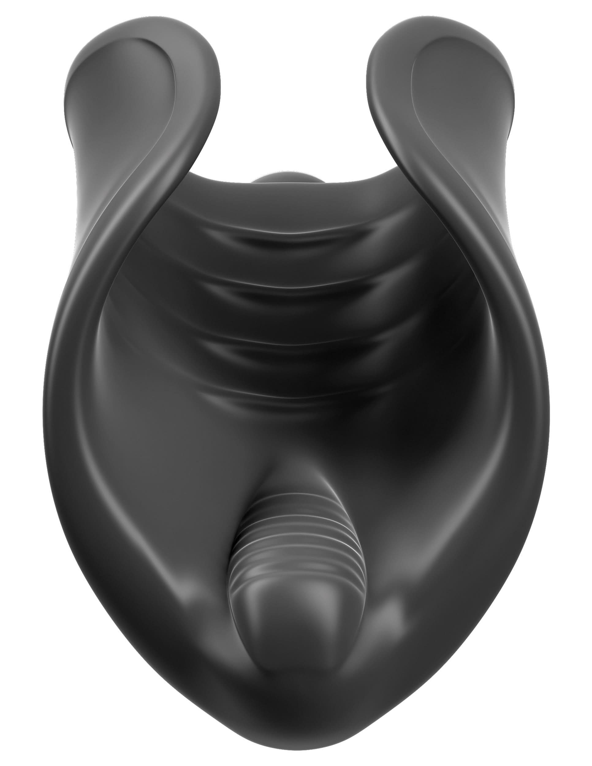 The PDX® Elite Vibrating Silicone Stimulator, in black with a ribbed center and wavy edges, targets the frenulum for enhanced pleasure.