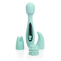 Front facing clitoral massage wand with three pleasure heads encircling it JJ-cactus green
