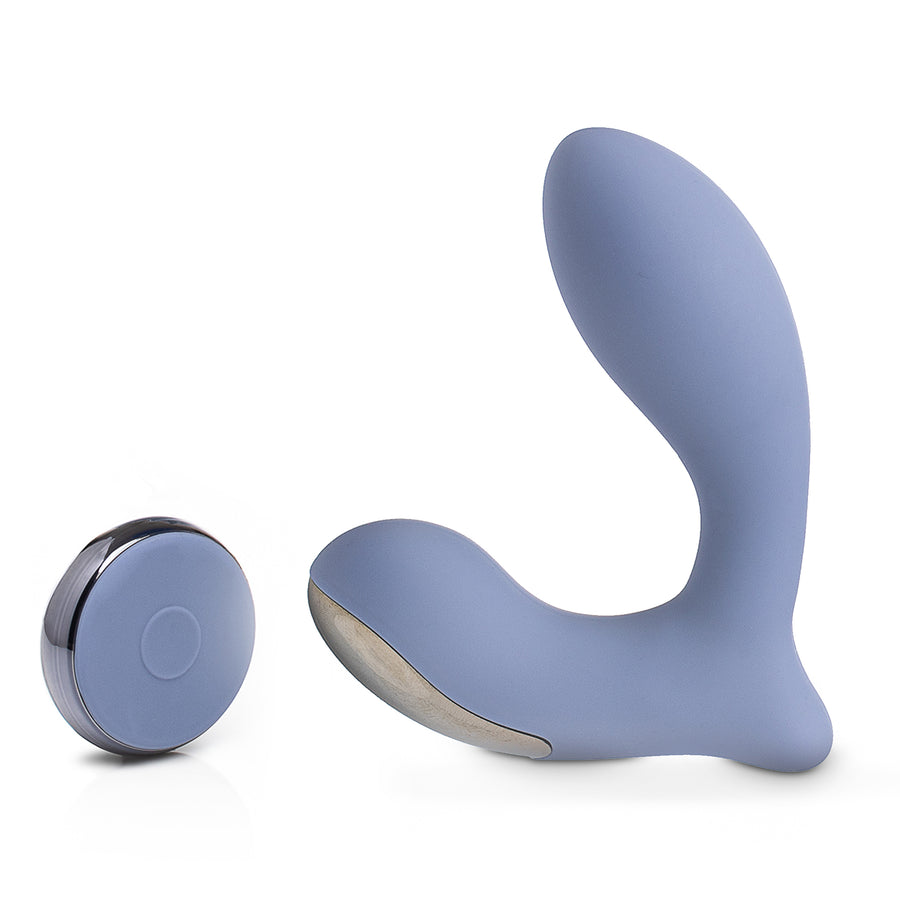 Back-facing angled silicone prostate massager with wireless remote midnight blue
