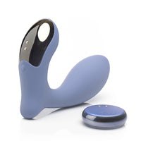Back-facing angled silicone prostate massager with wireless remote midnight blue