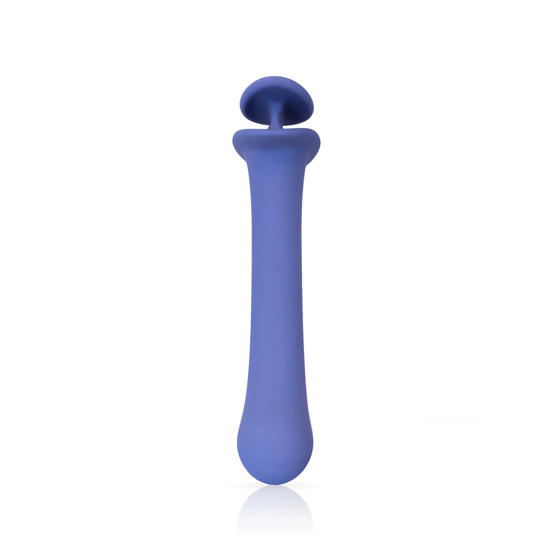 Front facing bottom-up curved silicone dildo with finger holder midnight blue
