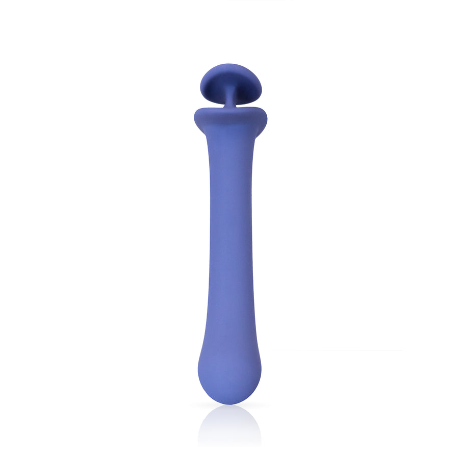 Front facing bottom-up curved silicone dildo with finger holder midnight blue