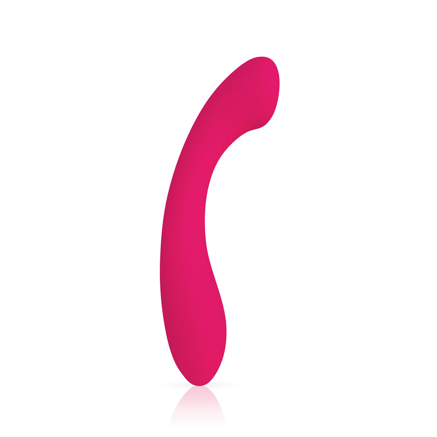 Side facing pink silicone g-spot dildo