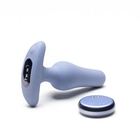 Downward angled side-facing silicone butt plug with wireless remote space grey