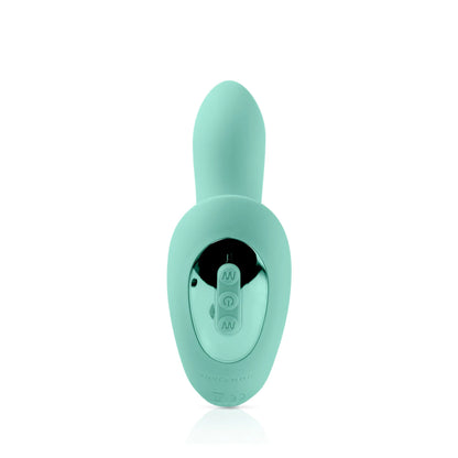 The JIMMYJANE® Pulsus™ G-Spot is a teal silicone vibrator with dual motors, control buttons, and a shiny metallic accent on the front.