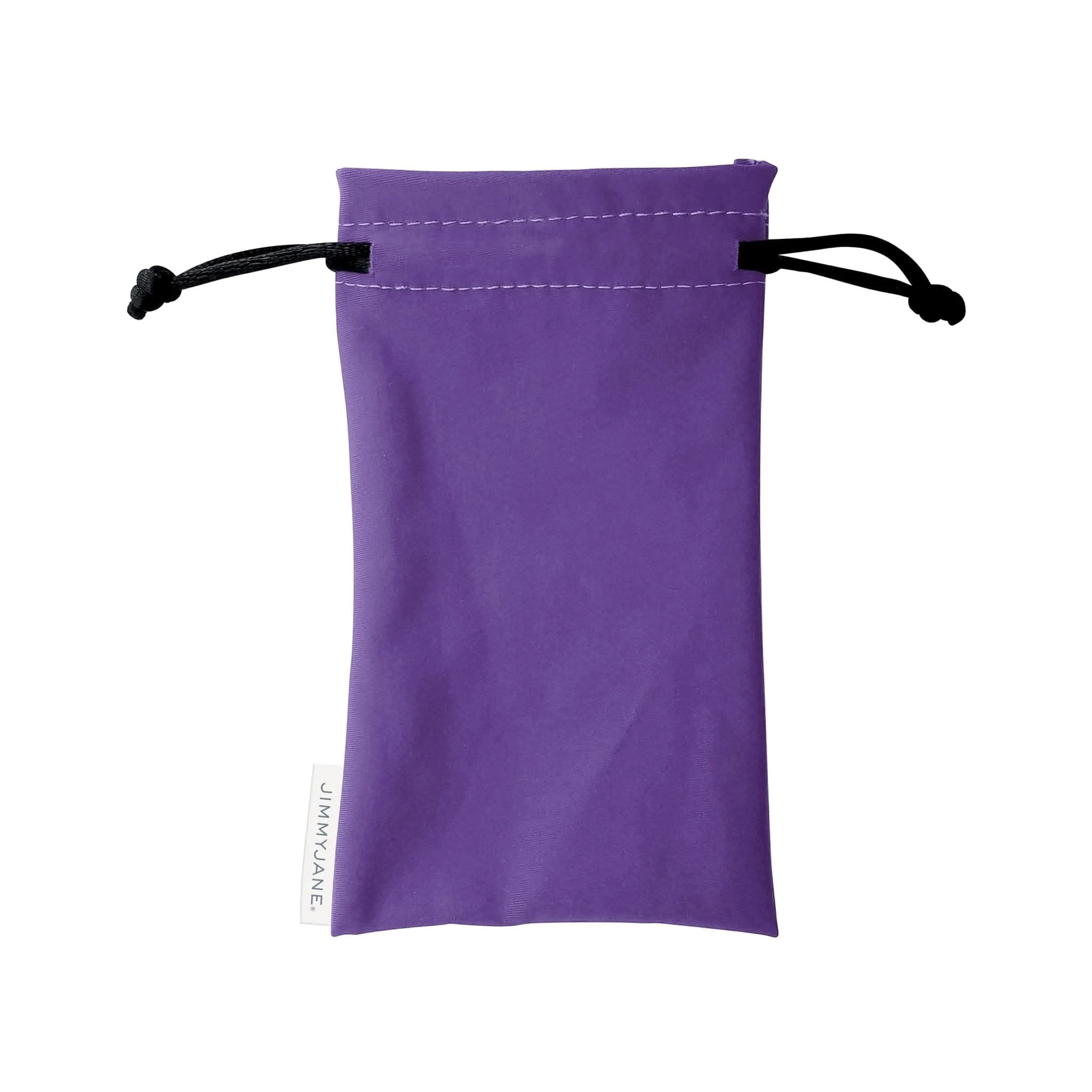 A purple drawstring pouch with black strings and a white side label, ideal for storing JIMMYJANE® Purple Intimate Care Menstrual Cups made from FDA-cleared silicone.