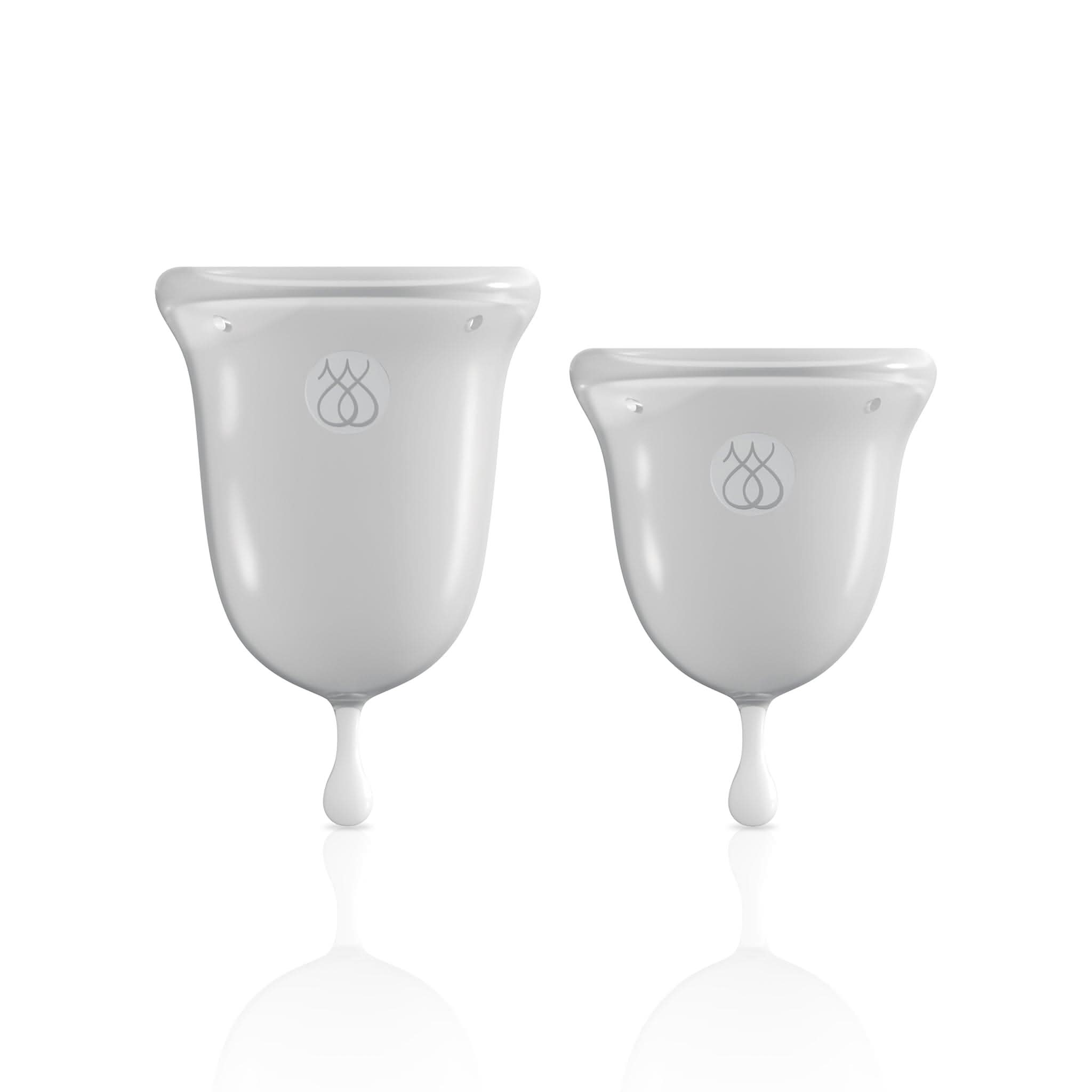 Two purple JIMMYJANE® Intimate Care Menstrual Cups of different sizes, made from FDA-cleared silicone with an ergonomic design, are shown upright on a plain white background.