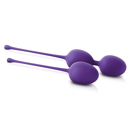 The JIMMYJANE® Purple Intimate Care Kegel Trainer Set features two purple silicone balls with long handles, designed to strengthen pelvic muscles and enhance intimate wellness.