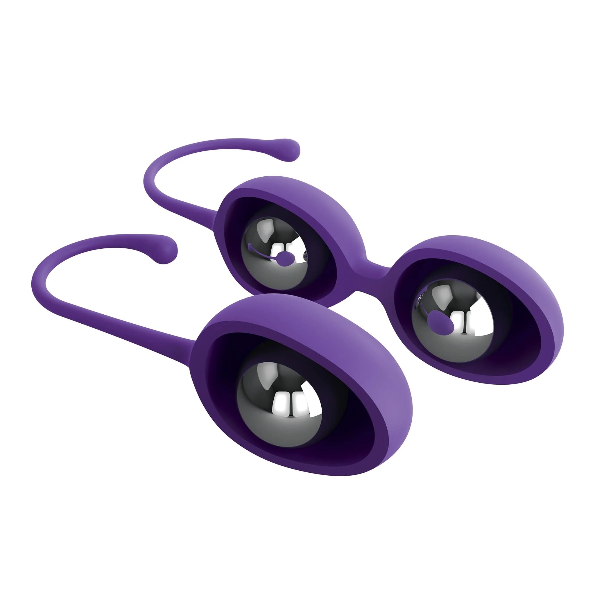 The JIMMYJANE® Purple Intimate Care Kegel Trainer Set includes two pairs of silicone balls with silver weights and retrieval loops, designed for discreet pelvic training and enhanced pleasure.