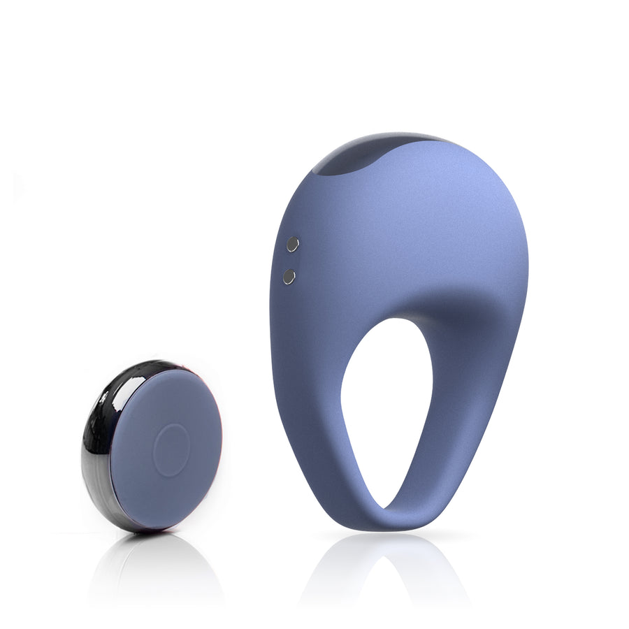 Front-facing angled soft silicone and ABS Plastic cock ring with wireless remote midnight blue