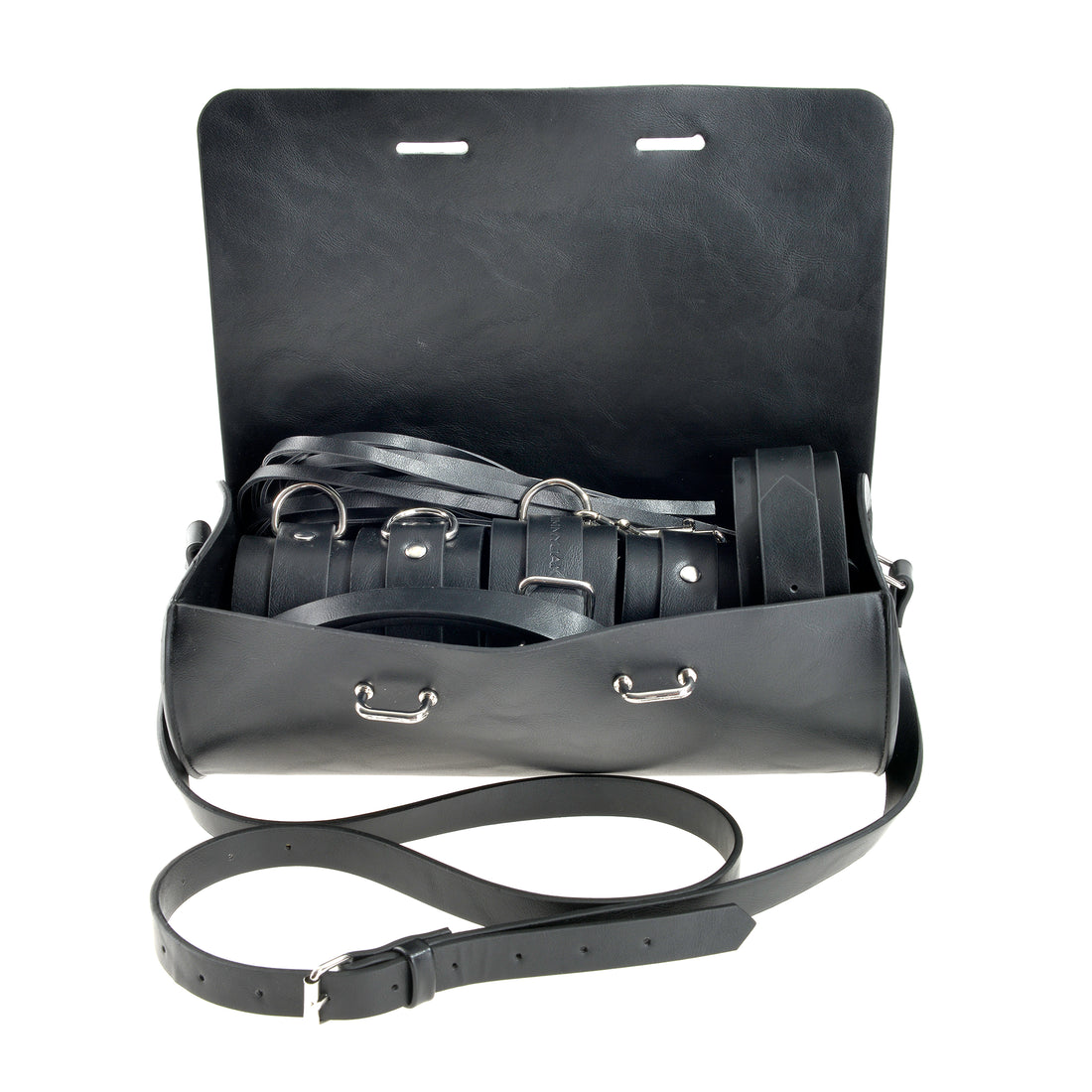 Front facing vegan leather carrying case with bondage items black