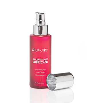 Self + Jimmyjane silicone-based personal lubricant in a red bottle Font facing