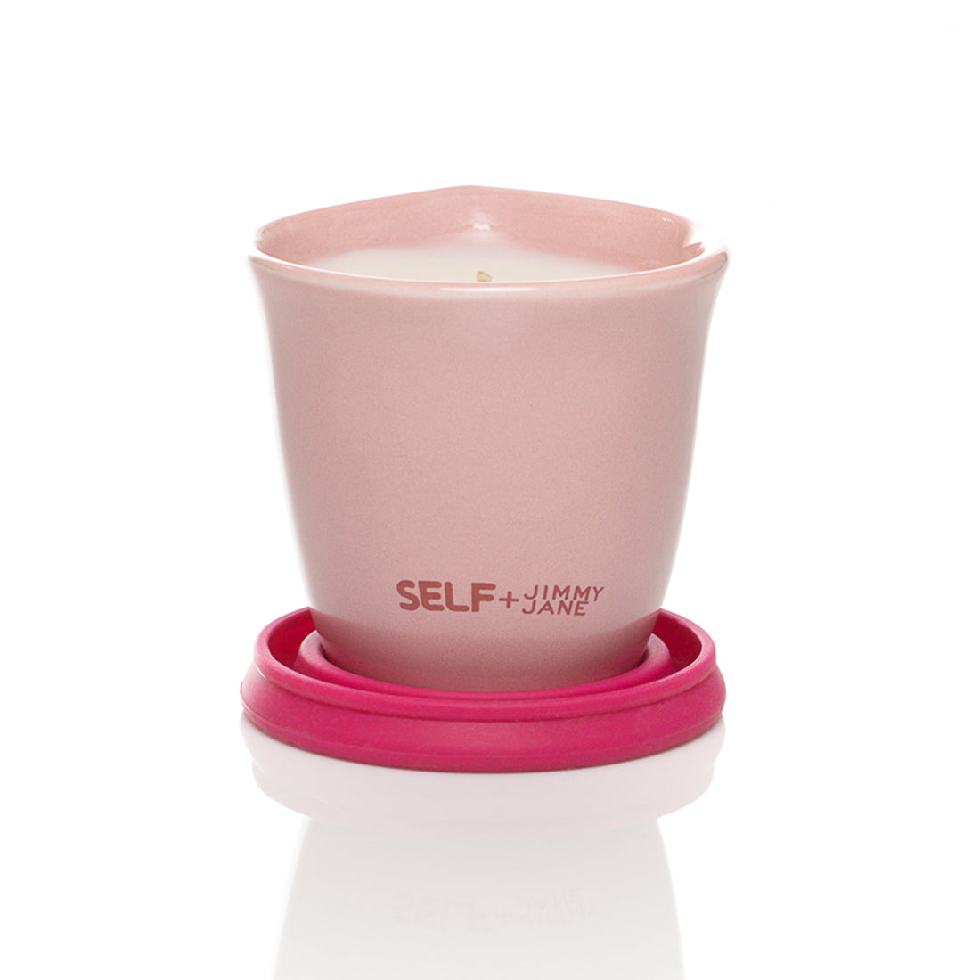 Self + Jimmyjane Tahitian Moss scented massage oil candle with burgundy base Front facing view