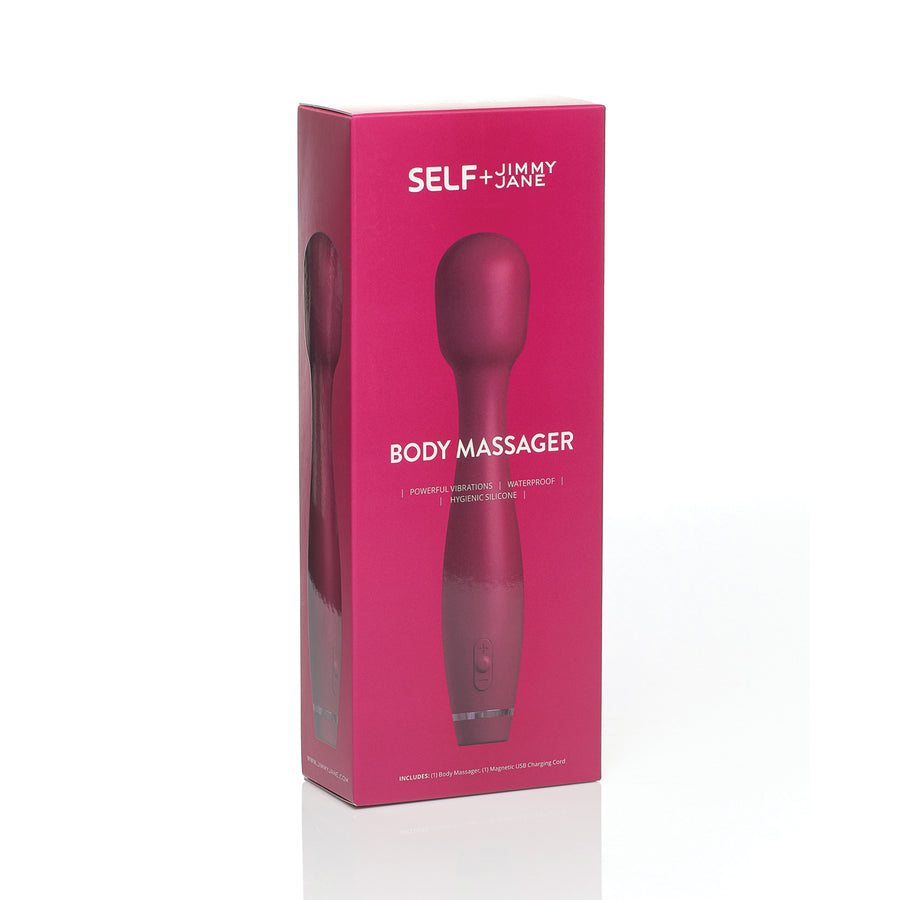 Self + Jimmyjane rechargeable vibrating body massager in burgundy packagng