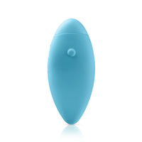 Self + Jimmyjane vibrating massager with finger grip in light blue front view