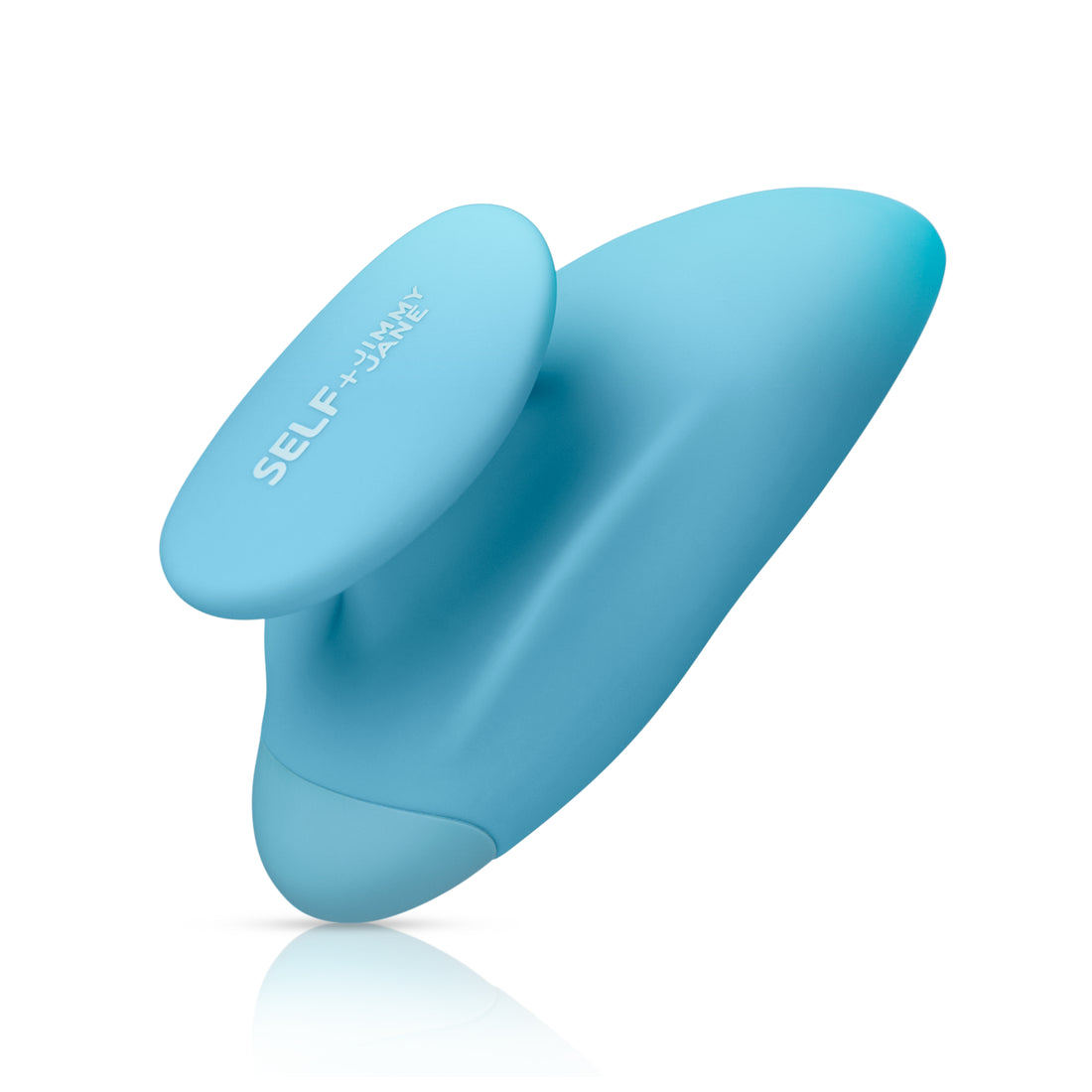 Self + Jimmyjane vibrating massager with finger grip in light blue 3/4 view