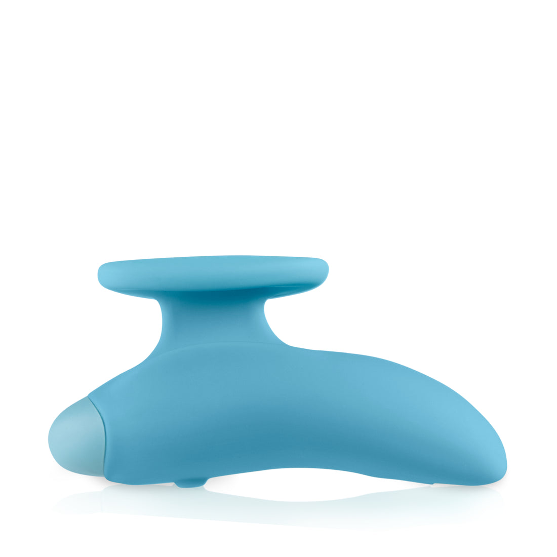 Self + Jimmyjane vibrating massager with finger grip in light blue laying on table