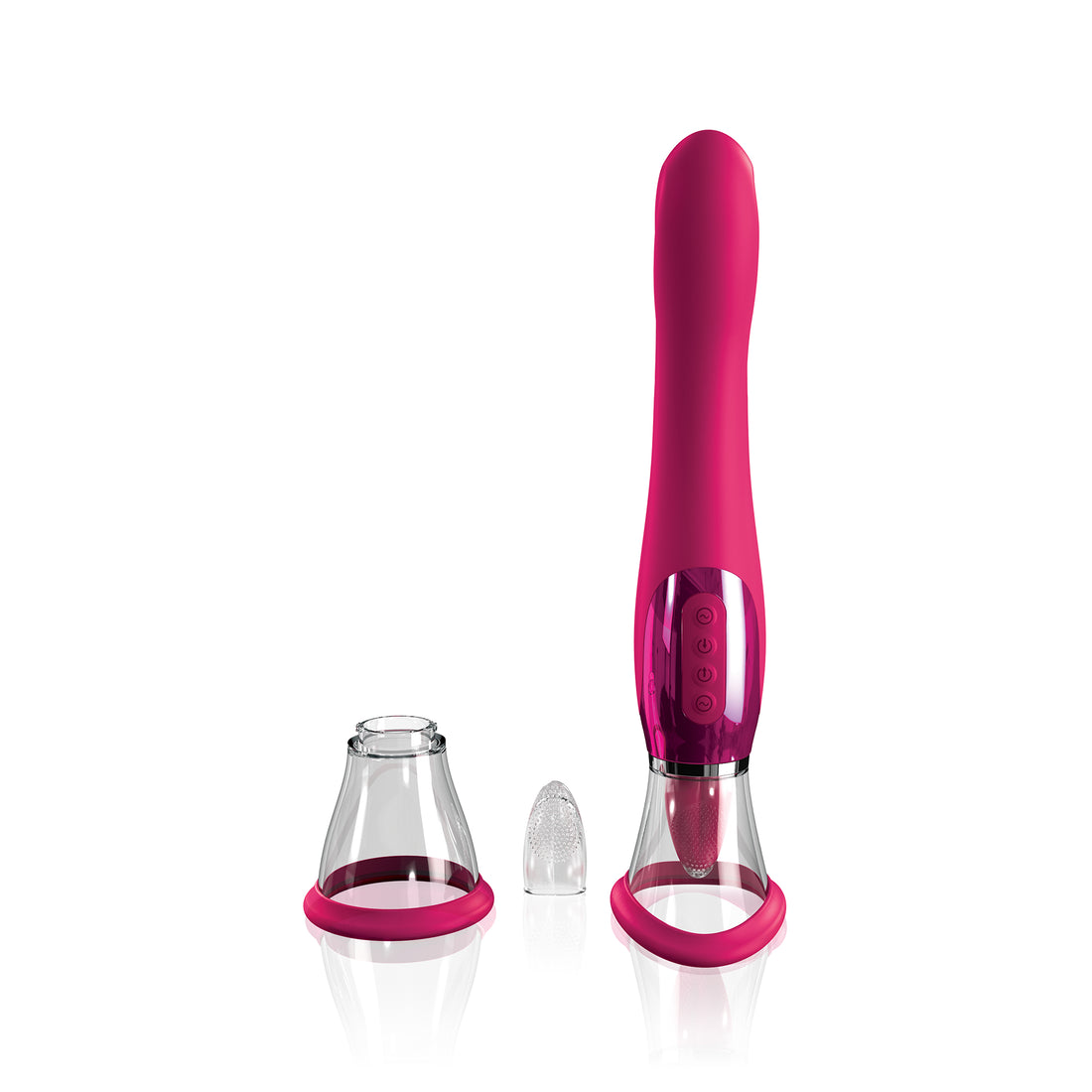 Apex vulva suction, clitoral and g-spot stimulator in JJ-pink coral featured with additional vulva suction cup and textured tongue sleeve