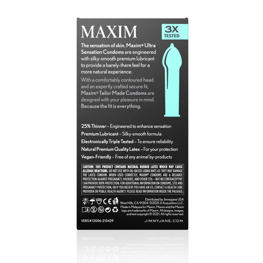 Back of the Maxim Condoms 12 Pack - Thinner Condom