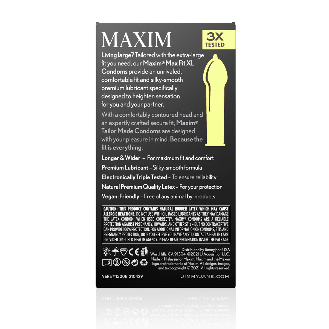 Back of the Maxim Condoms 12 Pack - XL Fit