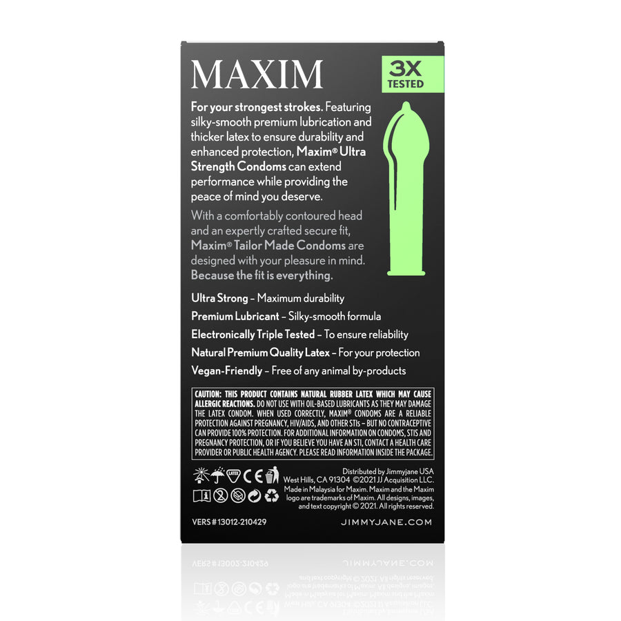 Back of the Maxim Condoms 12 Pack - Thicker Latex for Protection