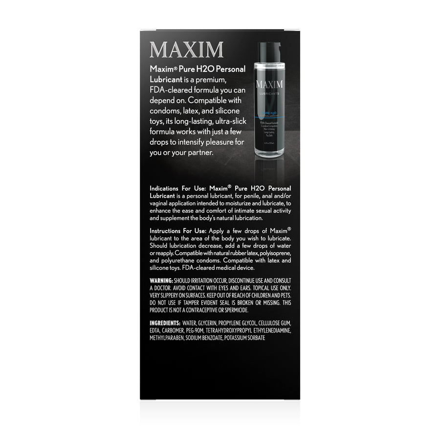 Back of the  box of the Maxim Water Based Lubricant - Personal Lubricant