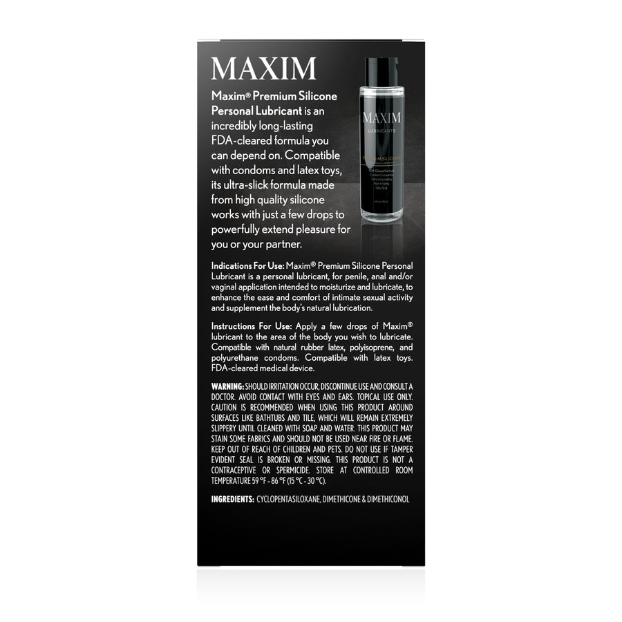 Back of the box of Maxim Premium Silicone Lubricant - Personal Lubricant