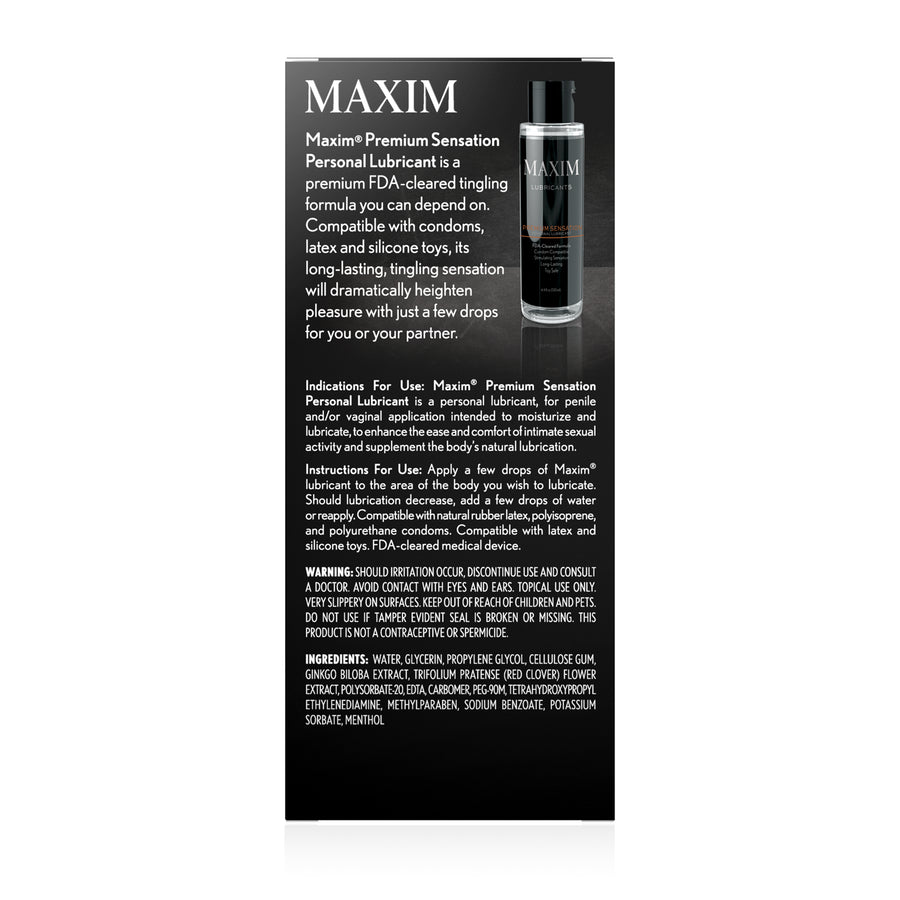 back of the Box Maxim Sensation Lubricant - Personal Lubricant