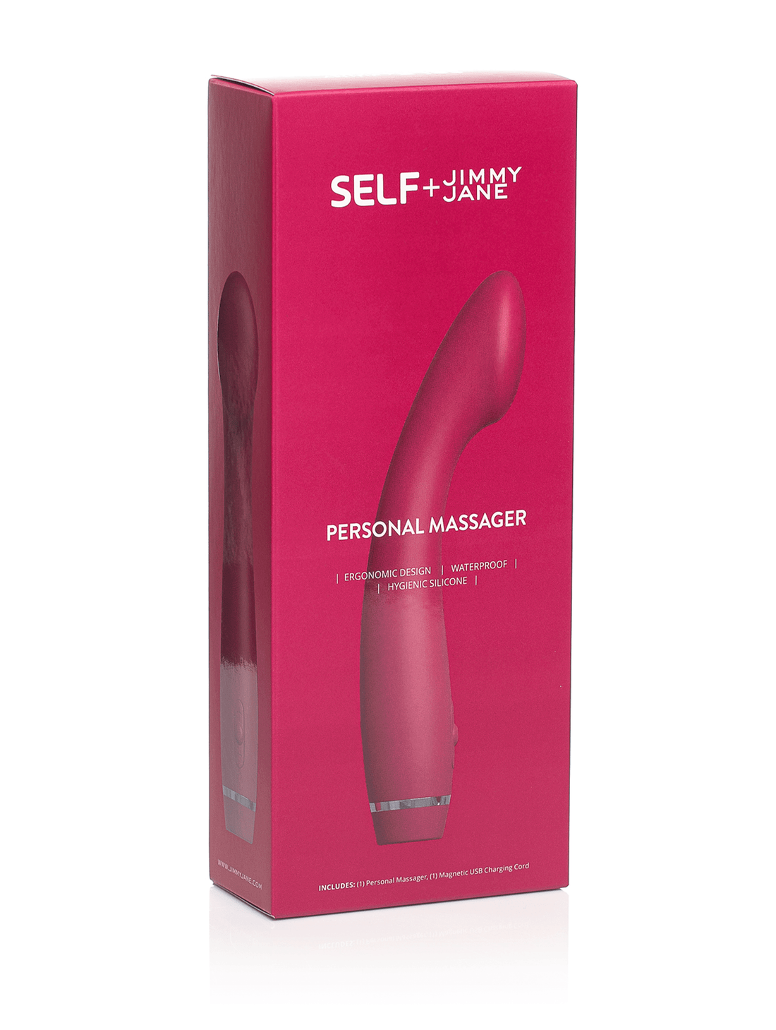 Front-facing angled personal body massager product packaging burgundy