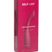 Front-facing angled personal body massager product packaging burgundy